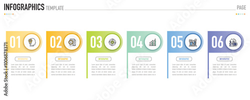 Circular infographic template or element with 6 step, process, option, colorful connected horizontal circle label, shadow, minimal style for sale slide, agenda, schedule, flowchart, workflow, calendar