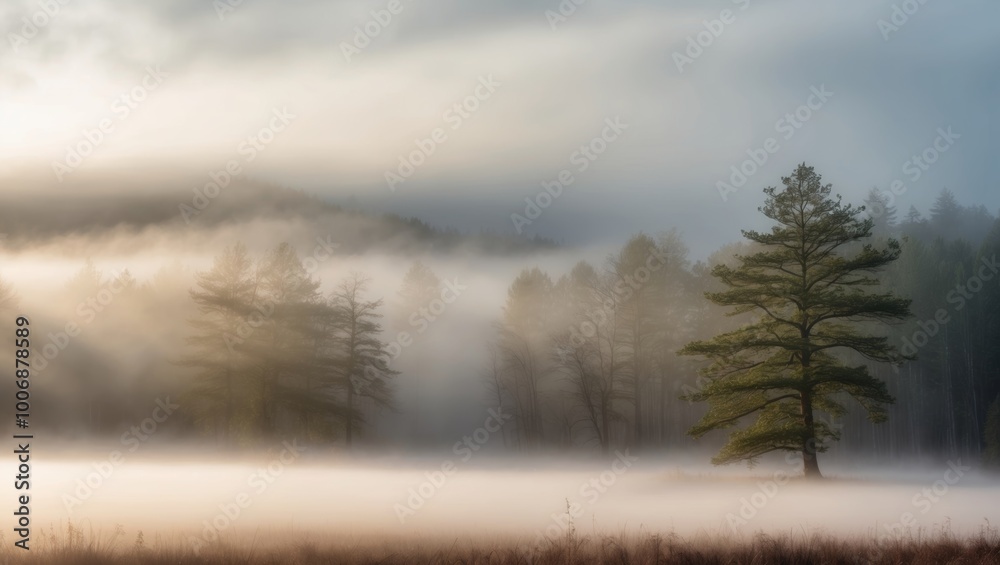 Panoramic image of a foggy forest with sunbeams. Panoramic image of a foggy forest with sunbeams.
