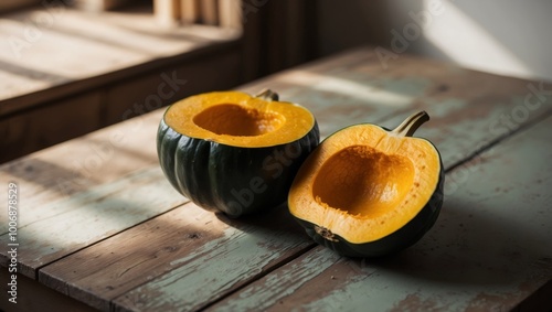 Ripe acorn squash halved on rustic wooden surface. photo