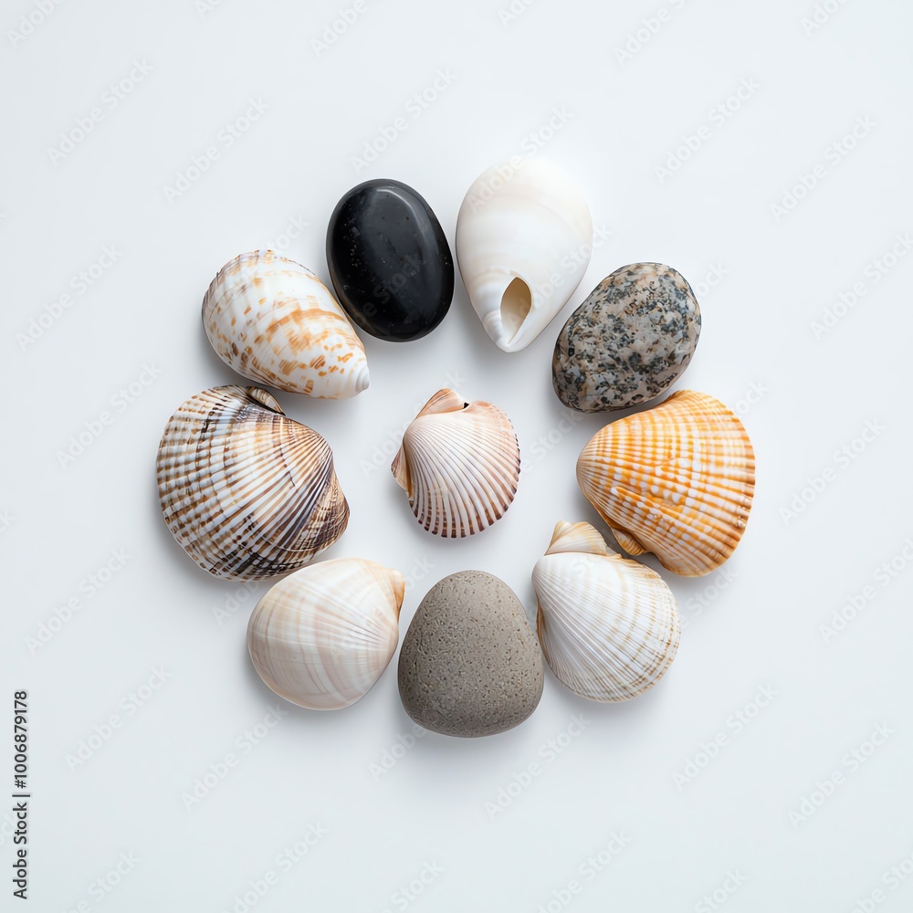 A circular arrangement of various seashells, featuring a mix of colors and textures on a light background, creating a natural and artistic display. A circular arrangement of various seashells, featuring a mix of colors and textures on a light background, creating a natural and artistic display.