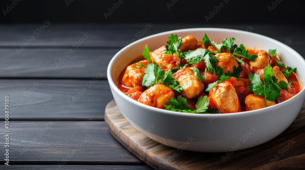 A flavorful chicken stew garnished with fresh parsley served in a white bowl, featuring vibrant colors and hearty ingredients. A flavorful chicken stew garnished with fresh parsley served in a white bowl, featuring vibrant colors and hearty ingredients.