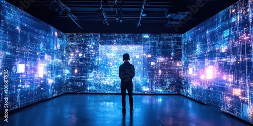 a man standing in front of a wall of digital art