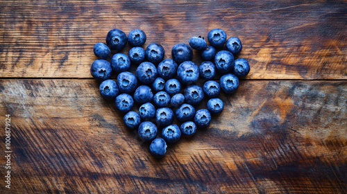 Heart-Shaped Blueberry Arrangement on Rustic Wooden Background. Heart-Healty concept, Heart-Check Certified Fruits. photo