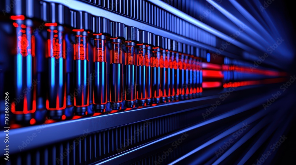 Futuristic data storage system with illuminated components, metallic and digital design. Futuristic data storage system with illuminated components, metallic and digital design.