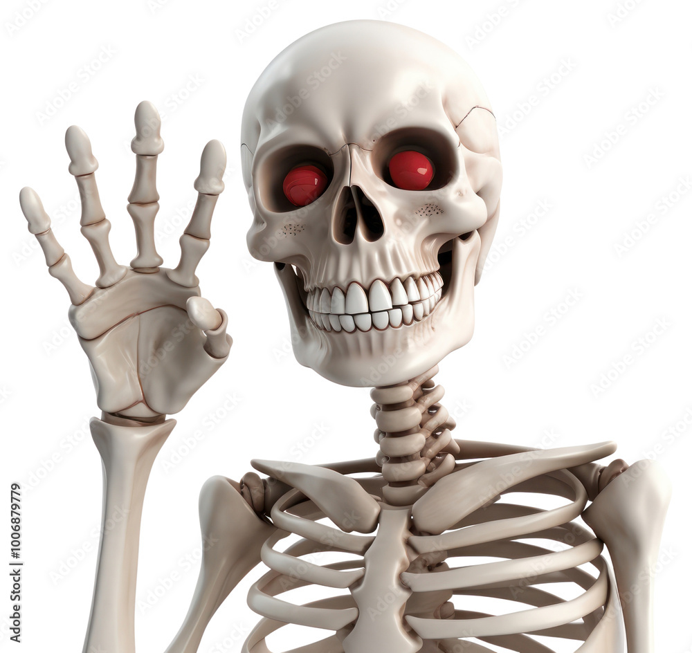 PNG 3d A happy skeleton with red eyes pointing at you illustration halloween character. PNG 3d A happy skeleton with red eyes pointing at you illustration halloween character.