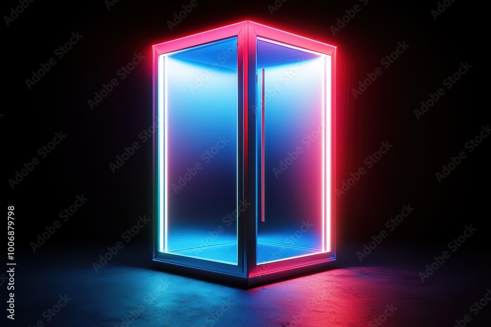 Futuristic illuminated glass booth with vibrant neon lights against a dark background. Futuristic illuminated glass booth with vibrant neon lights against a dark background.
