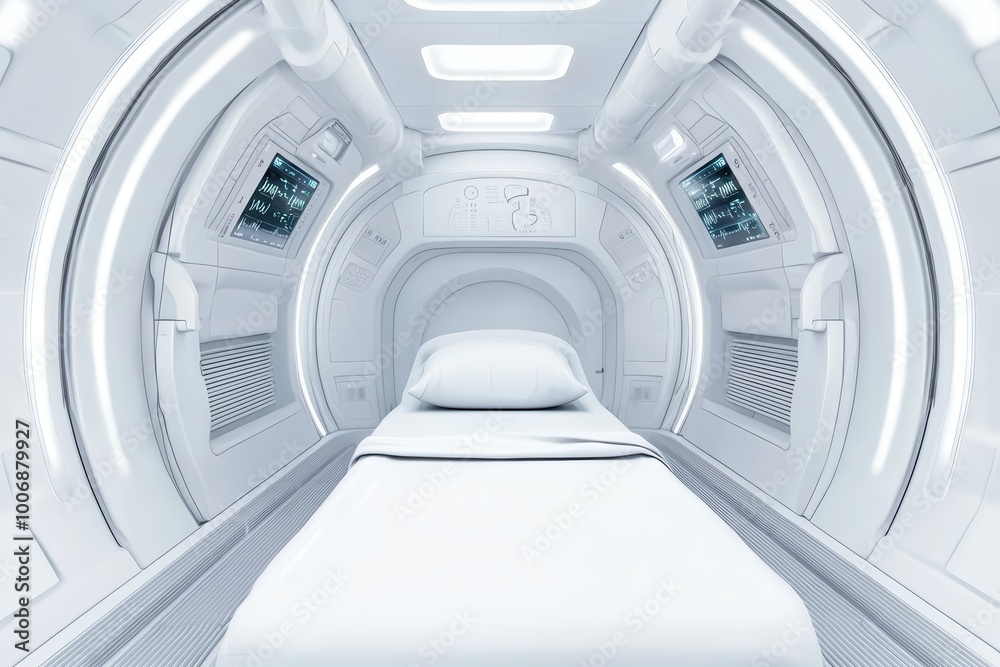 Fototapeta premium Futuristic medical pod with a sterile white interior, designed for patient treatment in a high-tech facility.