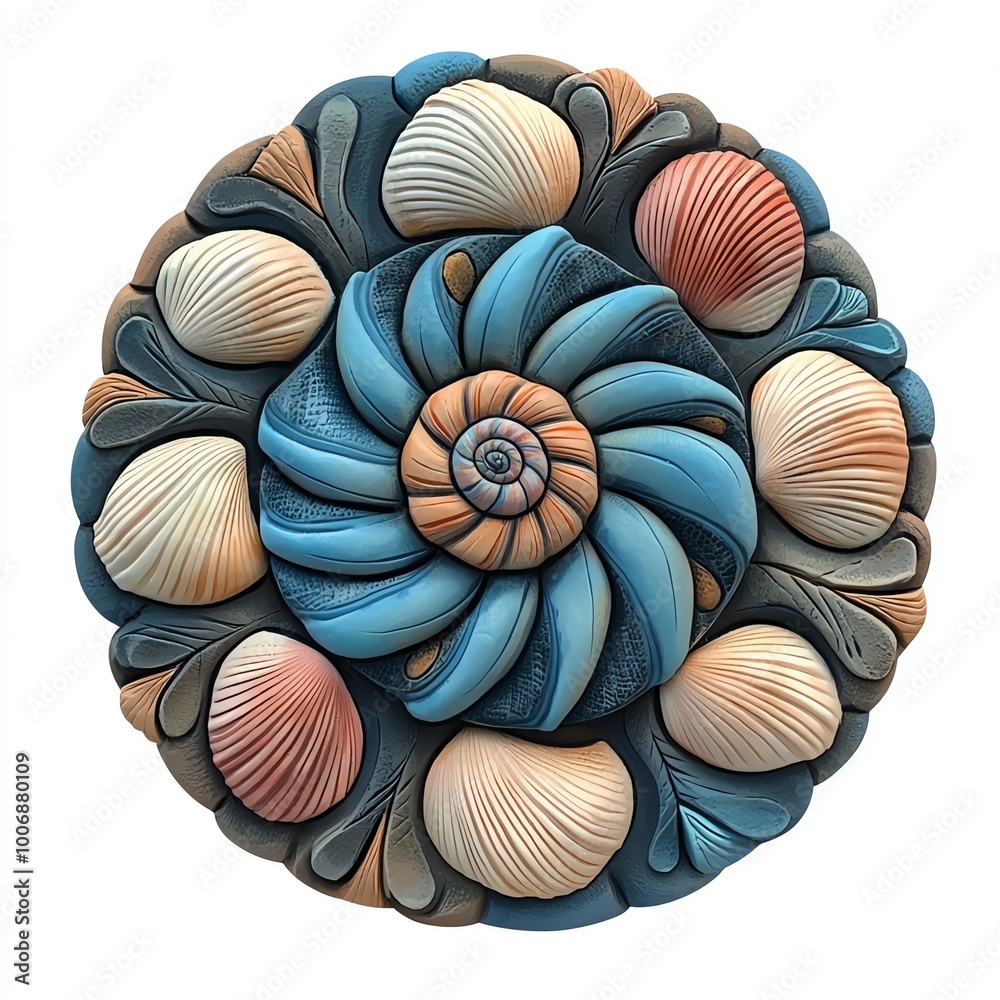 A vibrant, circular design featuring detailed shells and swirls in shades of blue, peach, and cream, resembling a sea-inspired decorative piece. A vibrant, circular design featuring detailed shells and swirls in shades of blue, peach, and cream, resembling a sea-inspired decorative piece.
