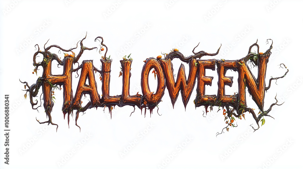 A rustic logo with the text HALLOWEEN made from twisted branches, wooden beams, and pumpkin vines, placed on a clean white background