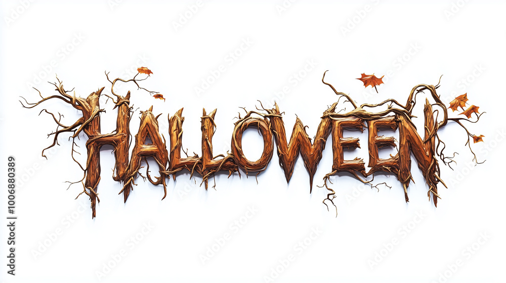 A rustic logo with the text HALLOWEEN made from twisted branches, wooden beams, and pumpkin vines, placed on a clean white background