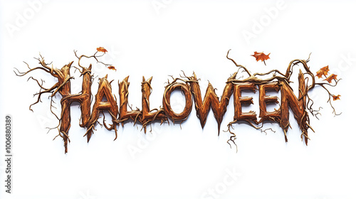 Obraz na płótnie A rustic logo with the text HALLOWEEN made from twisted branches, wooden beams, and pumpkin vines, placed on a clean white background w salonie