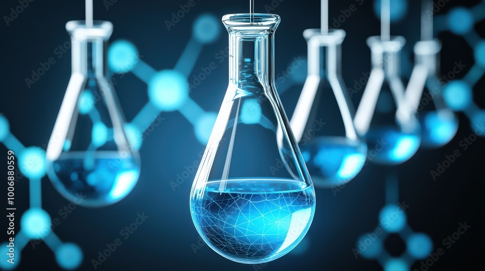 Glass flasks with blue liquid suspended in a laboratory setting, showcasing scientific research and experimentation. Glass flasks with blue liquid suspended in a laboratory setting, showcasing scientific research and experimentation.