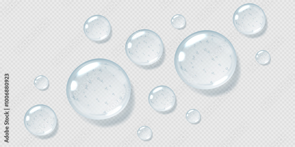Serum drops, clear gel droplets, realistic glossy liquid, moisturizing cosmetic product, hyaluronic acid concept. Vector illustration.