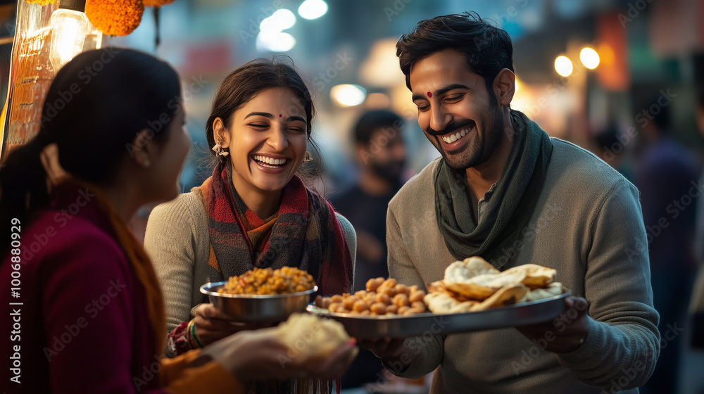 A couple sharing a plate of chana masala and puri at a bustling street food stall, with laughter and joyful conversation filling the air