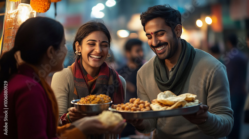 Obraz na płótnie A couple sharing a plate of chana masala and puri at a bustling street food stall, with laughter and joyful conversation filling the air w salonie