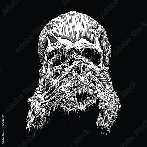 horror skull tearing face death metal illustration