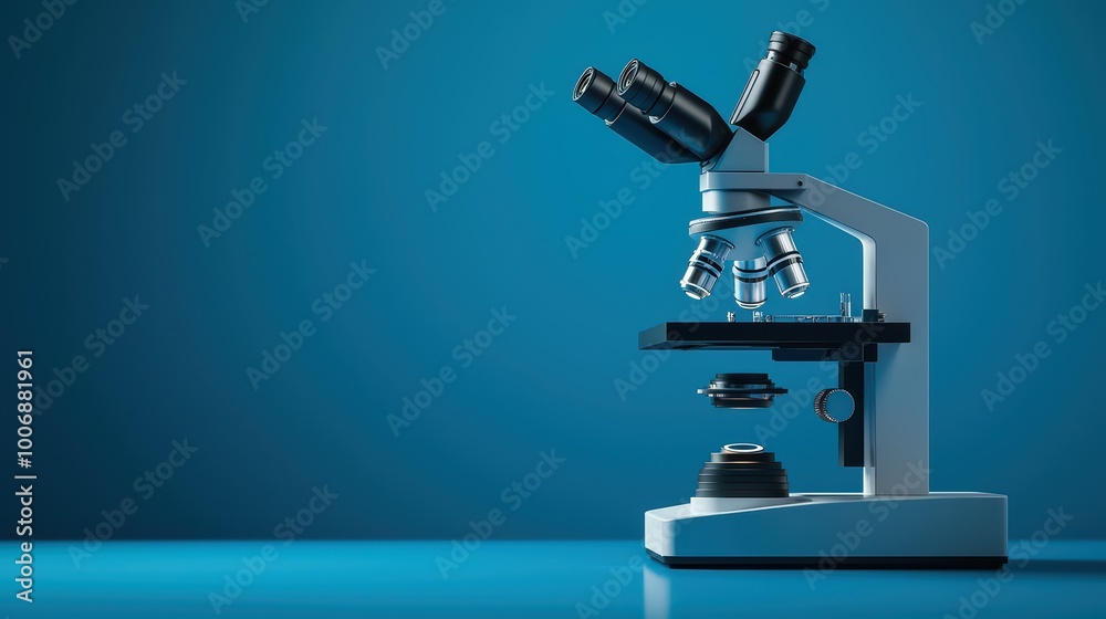 Modern microscope on a blue background, showcasing scientific equipment for research and study. Modern microscope on a blue background, showcasing scientific equipment for research and study.