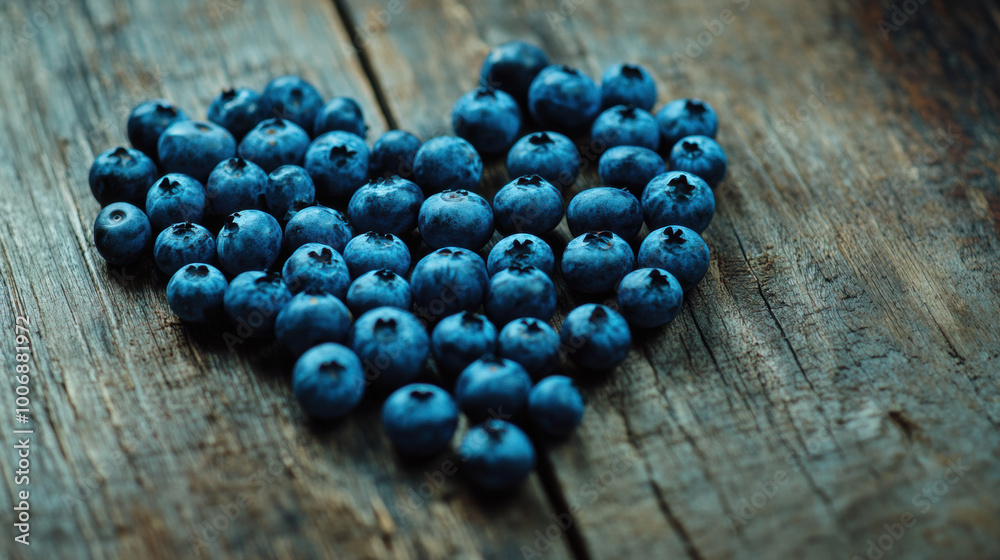 Heart-Shaped Blueberry Arrangement on Rustic Wooden Background. Heart-Healty concept, Heart-Check Certified Fruits. Heart-Shaped Blueberry Arrangement on Rustic Wooden Background. Heart-Healty concept, Heart-Check Certified Fruits.
