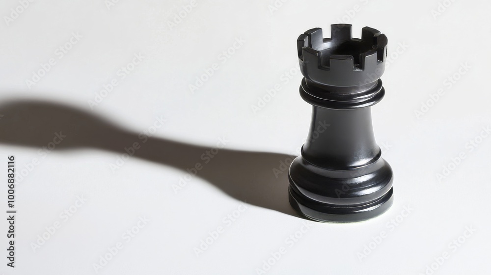 Black Chess Rook in Focus on White Background, Symbolizing Unshakable Defense Black Chess Rook in Focus on White Background, Symbolizing Unshakable Defense