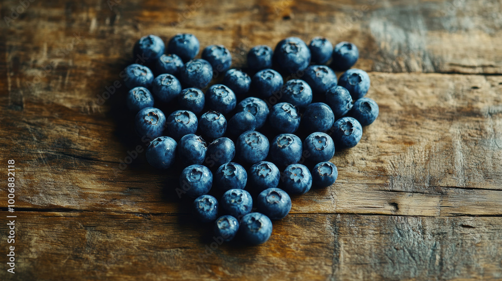 Heart-Shaped Blueberry Arrangement on Rustic Wooden Background. Heart-Healty concept, Heart-Check Certified Fruits. Heart-Shaped Blueberry Arrangement on Rustic Wooden Background. Heart-Healty concept, Heart-Check Certified Fruits.