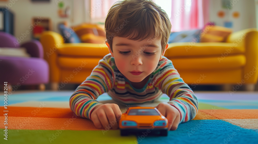 A cute American boy focused on rolling a toy car across the living room floor, wearing a striped shirt, vibrant colors in the background