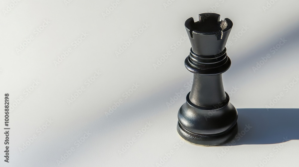 Single Black Chess Rook on Pristine White Studio Background with Long Shadow