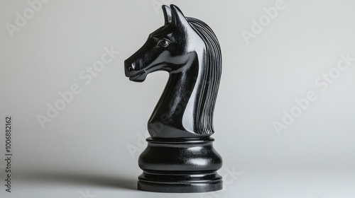 Single Black Chess Knight on Smooth Gray Background, Representing Tactical Precision