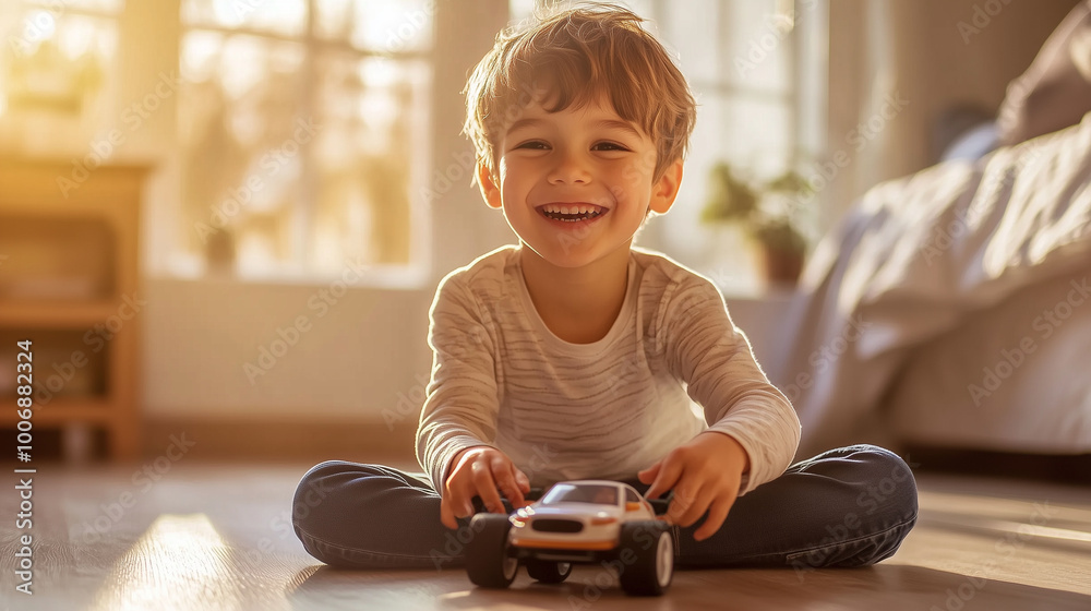 A cute American boy sitting on the floor, his hands guiding a small toy car as he smiles at his progress, soft afternoon light filling the room
