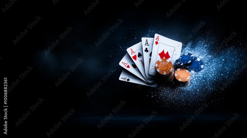 Obraz premium Royal Flush in the Dark: Dramatic poker image with four aces and poker chips exploding in a cloud of dust against a dark background. 
