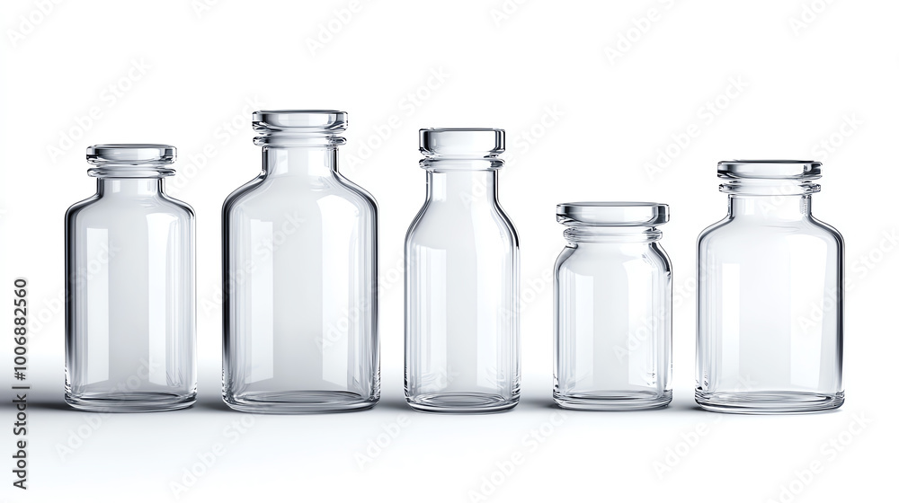 Five various sizes of empty glass bottles on a white isolated background. Five various sizes of empty glass bottles on a white isolated background.