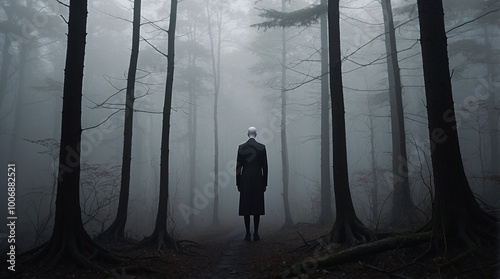 Slenderman in a foggy forest. Thin, unnaturally tall humanoid with a featureless white head, wearing a black suit. Illustration of the Slender Man from behind.