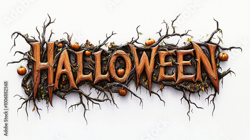 A forest-inspired logo HALLOWEEN with the letters crafted from intertwining branches, vine tendrils, and small pumpkins accenting the text, on a white background photo