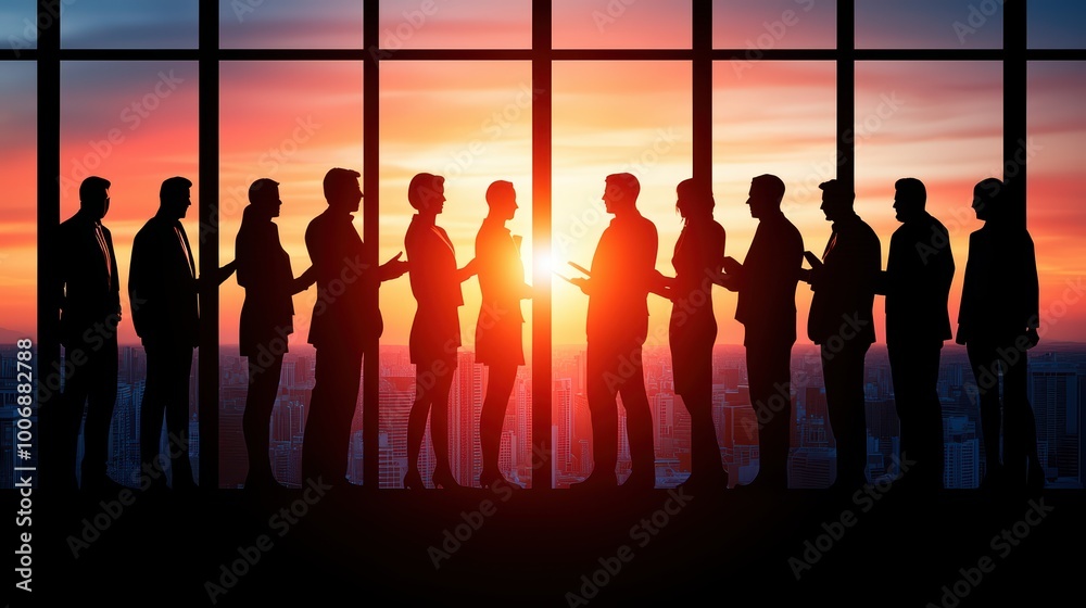 Silhouetted business people networking against a vibrant sunset in a modern office environment. Silhouetted business people networking against a vibrant sunset in a modern office environment.