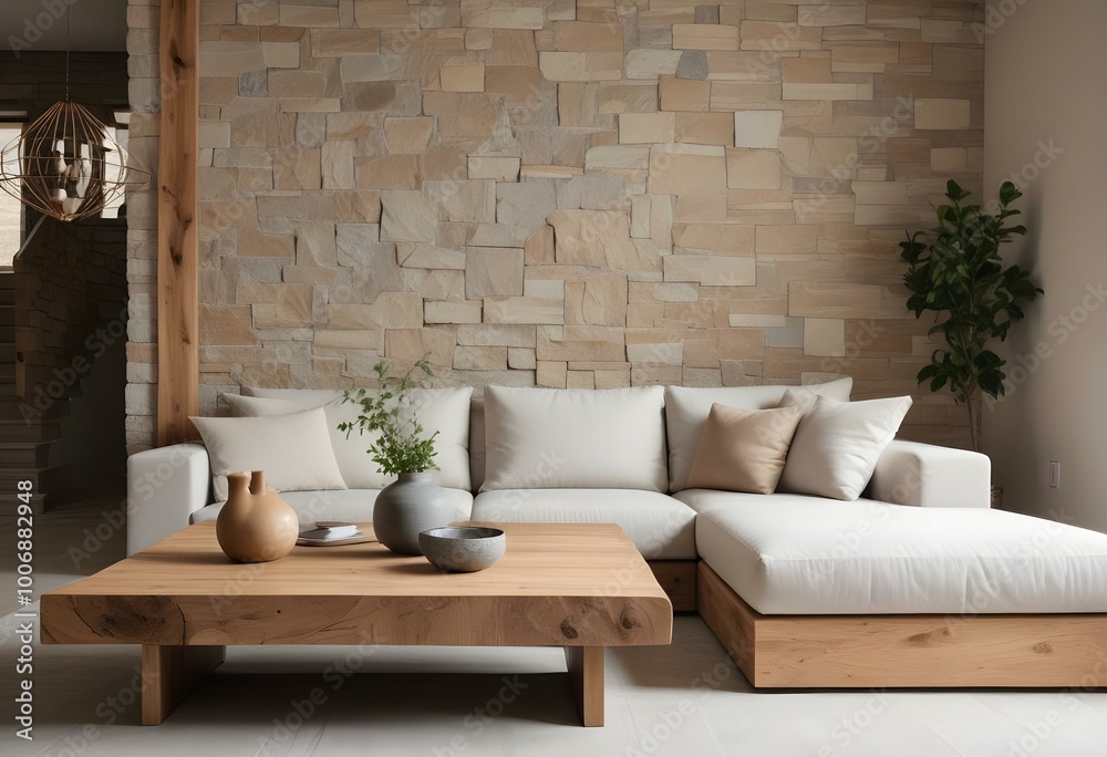 Fototapeta premium A modern living room with a large L-shaped sofa, a wooden coffee table, and a stone wall backdrop.