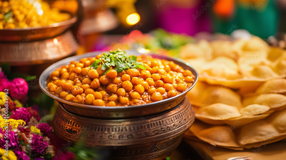 A mouthwatering display of chana masala alongside crispy puri, set against a backdrop of an Indian festival with vibrant decorations