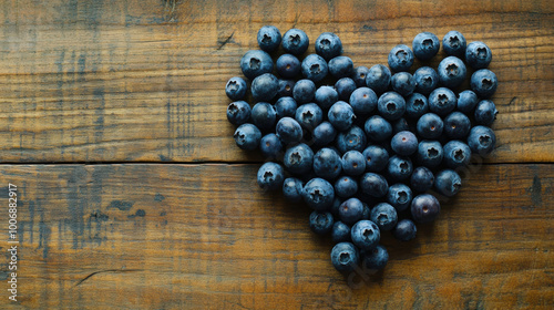 Heart-Shaped Blueberry Arrangement on Rustic Wooden Background. Heart-Healty concept, Heart-Check Certified Fruits.