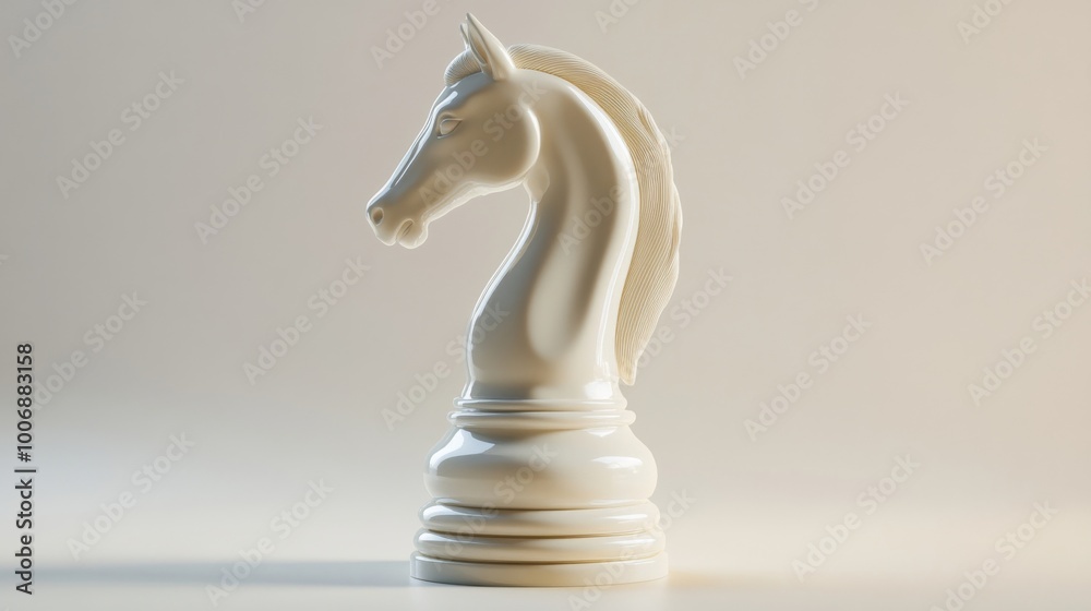 Single White Chess Knight on White Background, Highlighted by Soft Shadows Single White Chess Knight on White Background, Highlighted by Soft Shadows
