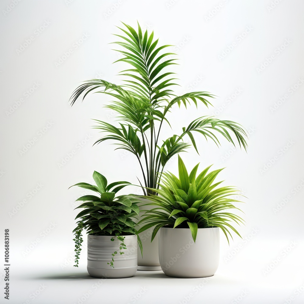 A collection of decorative green plants in modern white pots. A collection of decorative green plants in modern white pots.