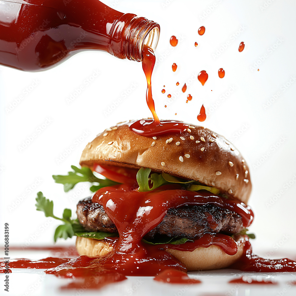 A close up shot of delicious burger topped with fresh lettuce, tomatoes, and generous amount of ketchup being squeezed from bottle, creating messy and appetizing scene