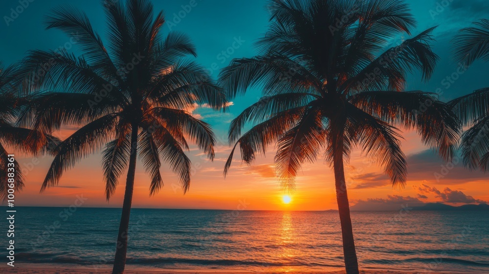 Silhouette of palm trees Beautiful sunset on the tropical sea beach background for travel in holiday relax time, Silhouette of palm trees Beautiful sunset on the tropical sea beach background for travel in holiday relax time,