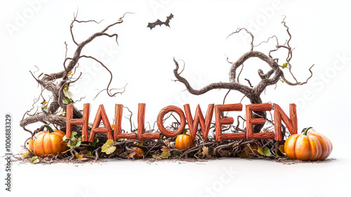 A natural-themed HALLOWEEN logo for a video game, with letters formed from tangled wood, gnarled branches, and vibrant pumpkins, displayed on a minimalist white background