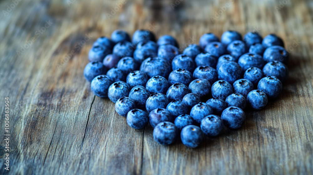 Heart-Shaped Blueberry Arrangement on Rustic Wooden Background. Heart-Healty concept, Heart-Check Certified Fruits. Heart-Shaped Blueberry Arrangement on Rustic Wooden Background. Heart-Healty concept, Heart-Check Certified Fruits.