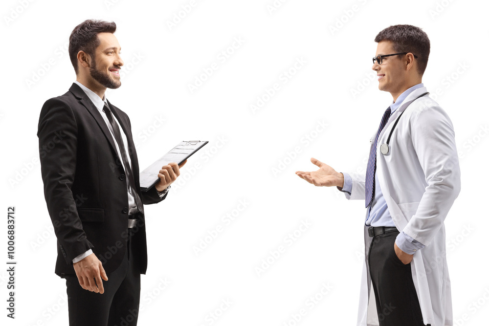 Professional man in a suit talking to a male doctor Professional man in a suit talking to a male doctor