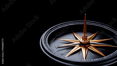Golden Compass on Black: Guiding Star. A sophisticated, close-up shot of an antique-style compass with a golden needle against a dramatic black background.  The image evokes a sense of adventure.