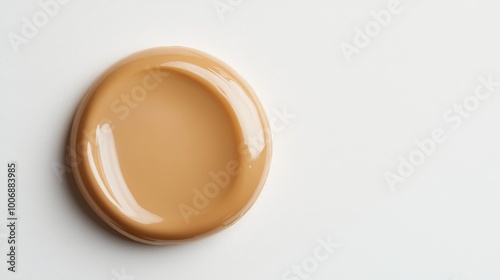 Close-up of a foundation cream sample with a smooth glossy surface, viewed from above. No logos or branding. Clean white background for a minimalist look.