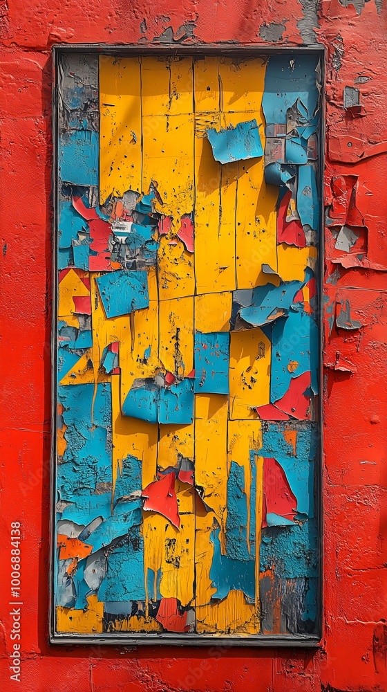 Naklejka premium Close up of an old wall showing layers of colorful peeling paint, creating an abstract and textured background. Poster and wallpaper