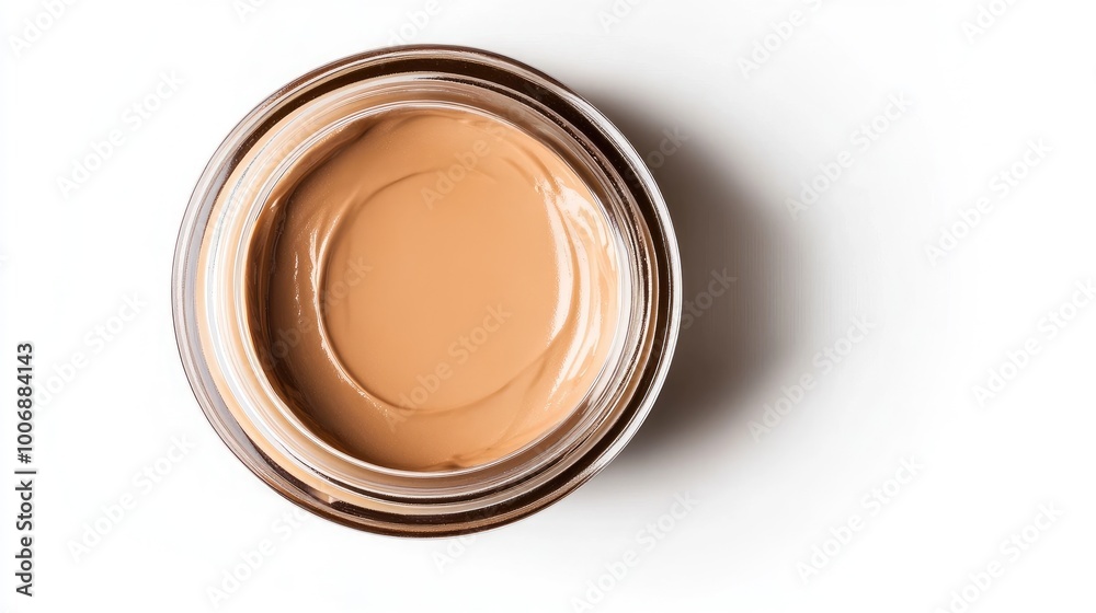 Close-up of a glossy foundation cream in a clear jar, top view. Smooth texture, no logo or branding, set against a clean white background. Close-up of a glossy foundation cream in a clear jar, top view. Smooth texture, no logo or branding, set against a clean white background.