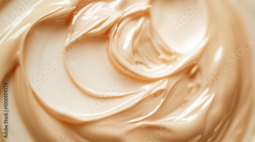 Close-up of a swirl of foundation cream on a white background, capturing its glossy, smooth texture. No logos or people, just the product's elegance.