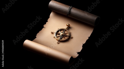 Golden Compass on Parchment: A gleaming golden compass rests atop a rolled parchment scroll, evoking a sense of adventure and discovery. This evocative image symbolizes guidance, exploration. photo