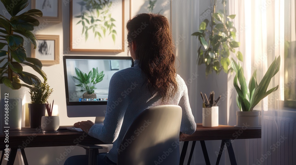 Young woman sitting at desk and working on computer at home office. Young woman sitting at desk and working on computer at home office.